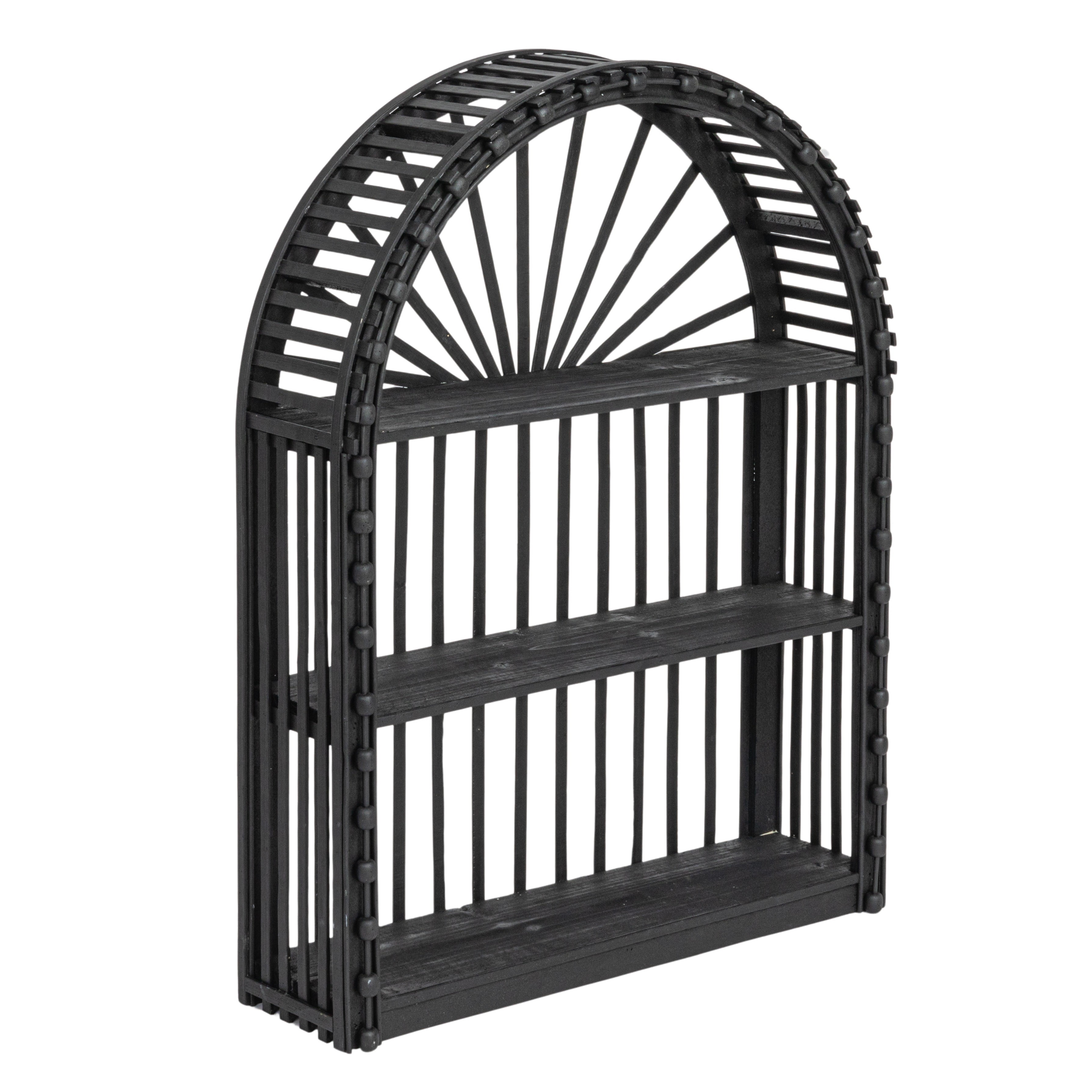 Arched Black Bamboo and Wood Wall Shelf with Three Tiers