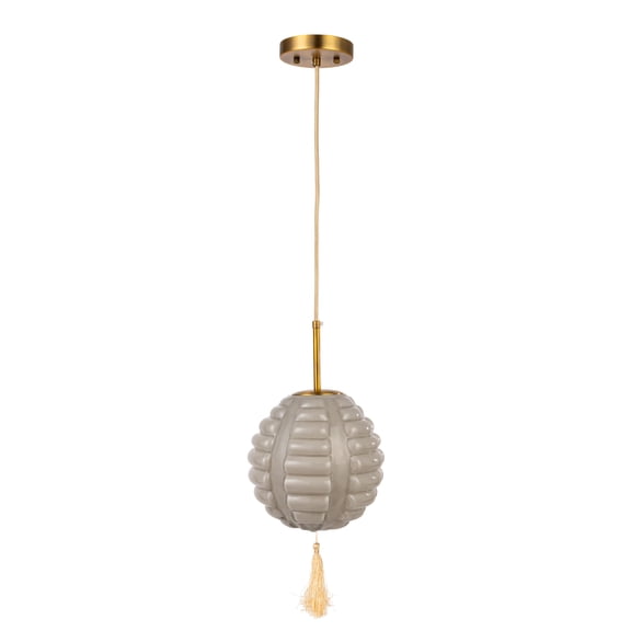 Creative Co-Op Art Glass Vintage Reproduction Pendant Lamp with Fabric Tassel, Grey and Cream Color