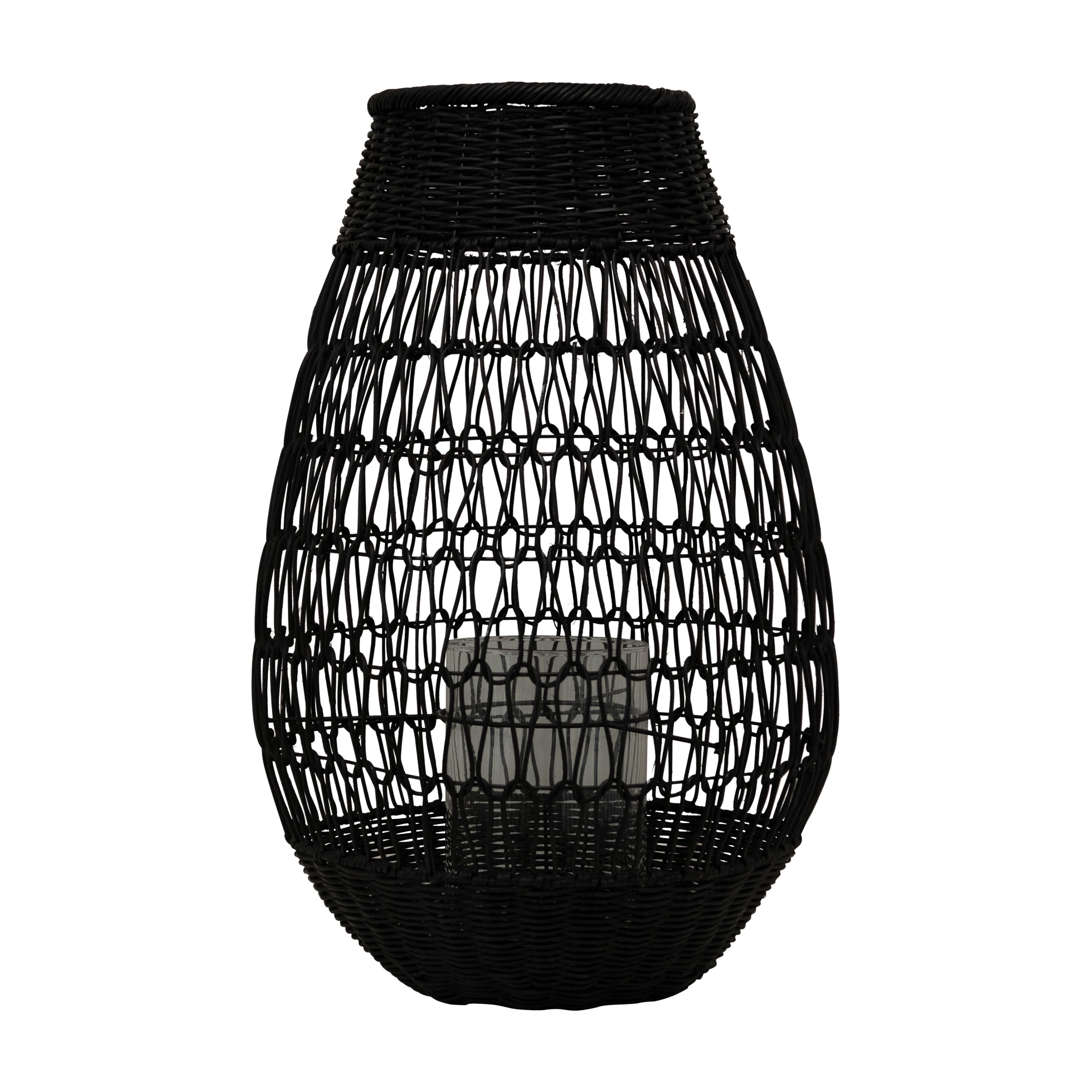 Black Rattan Hanging Candle Lantern with Glass Insert
