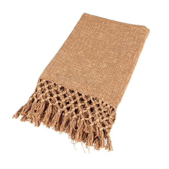 Creative Co-Op Bohemian Cotton Slub Throw with Crochet and Fringe, Brown
