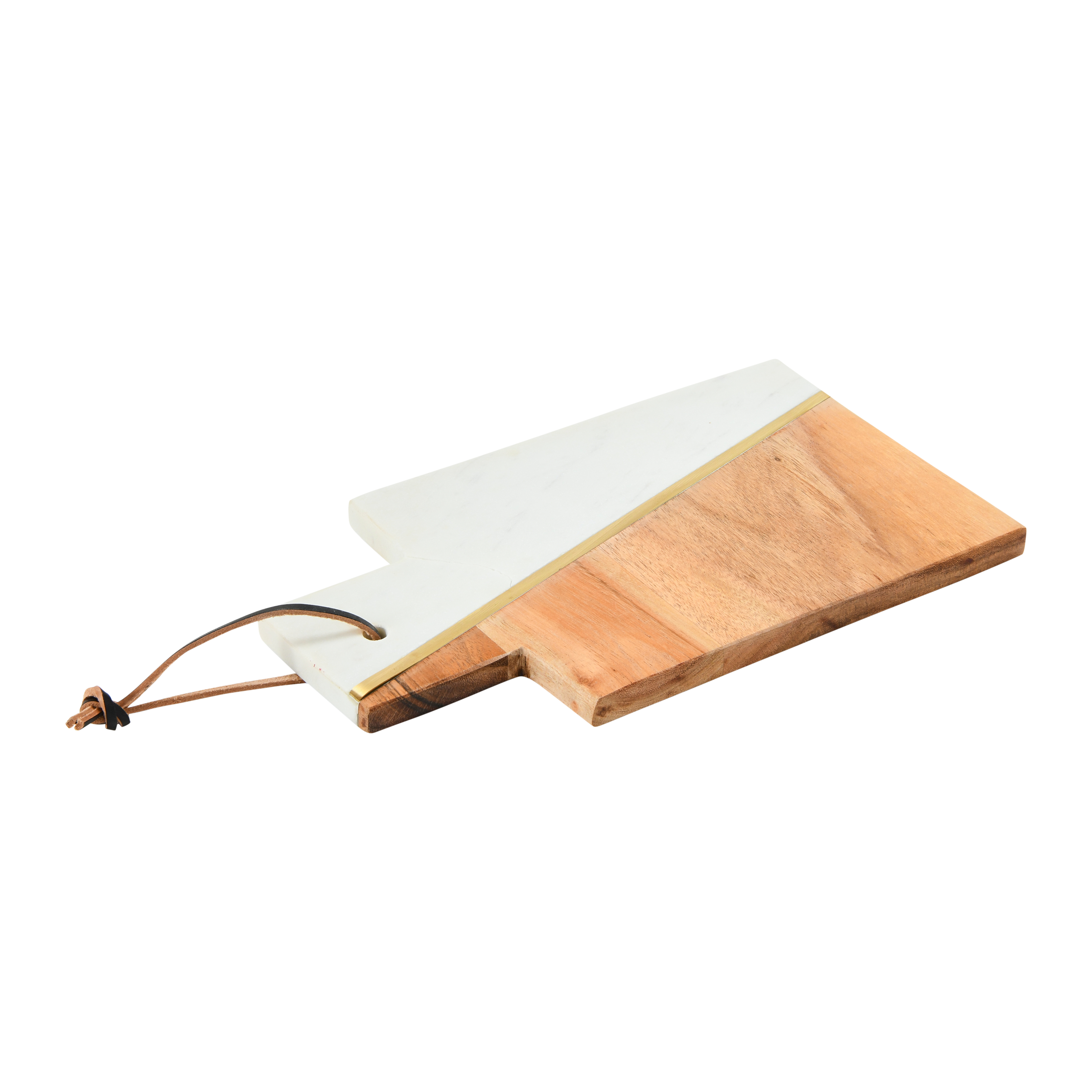 Creative Co-Op Boho 2-Tone Marble and Acacia Wood Charcuterie or Cutting Board with Brass Inlay and Leather Tie, White and Natural