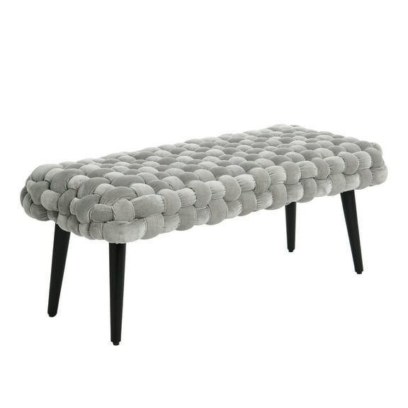 Creative Co-Op Boho Chunky Woven Velvet Entryway Bench with Wood Legs, Grey and Black