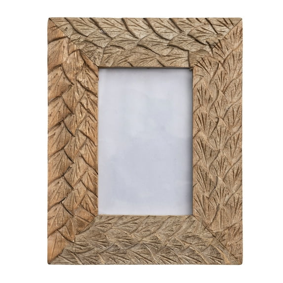 Creative Co-Op Boho Wood Photo Frame with Carved Feather Design, Natural