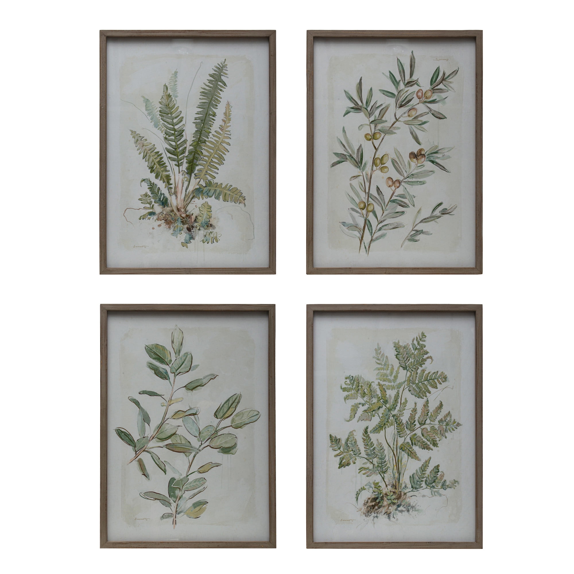 Set of 4 Green Botanical Prints in Brown Wood Frames