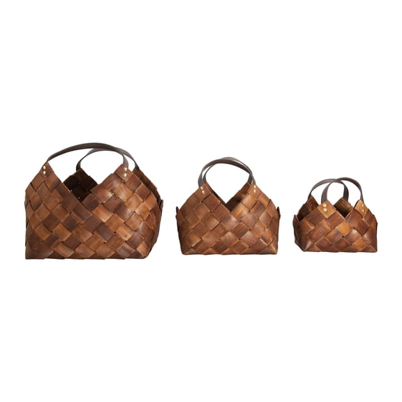 Creative Co-Op Woven Storage Basket with Leather Handles, Brown, Set of 3