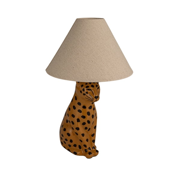Creative Co-Op Ceramic Cheetah Table Lamp with Linen Shade and Inline Switch, Yellow and Black, Set of 2