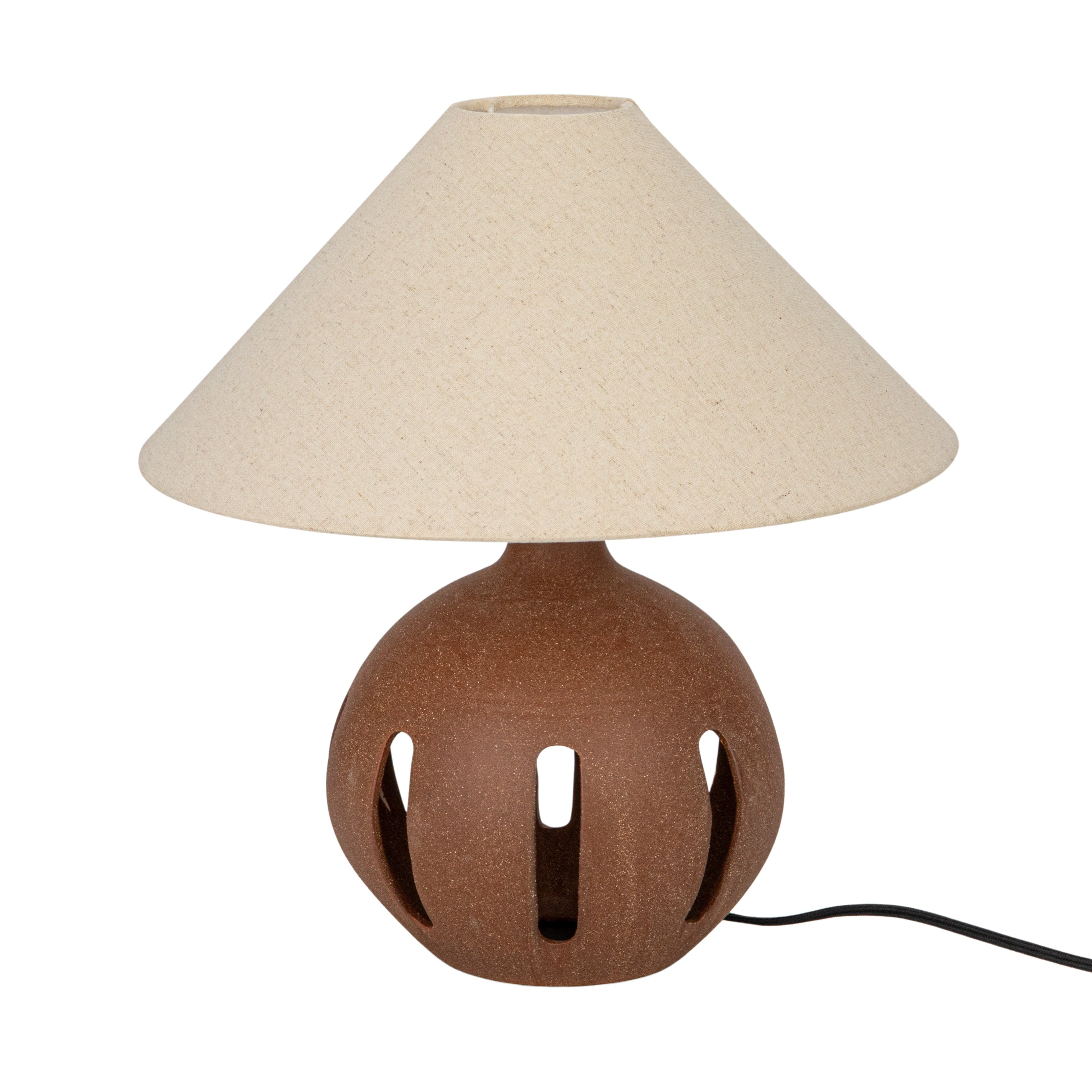 Brown Ceramic Table Lamp with Natural Linen Shade and Cut-Outs