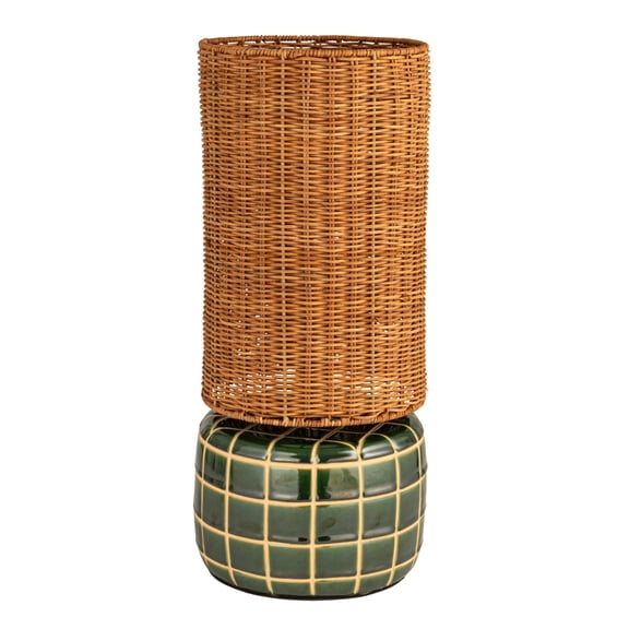 Creative Co-Op Ceramic Tiled Table Lamp with Hand-Woven Rattan Shade and Inline Switch, Green and Natural, Set of 2