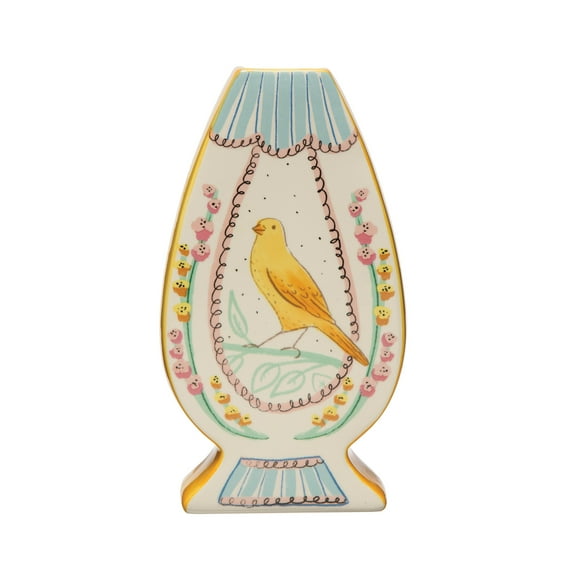 Creative Co-Op Ceramic Vase with Painted Bird Designs, Multicolor