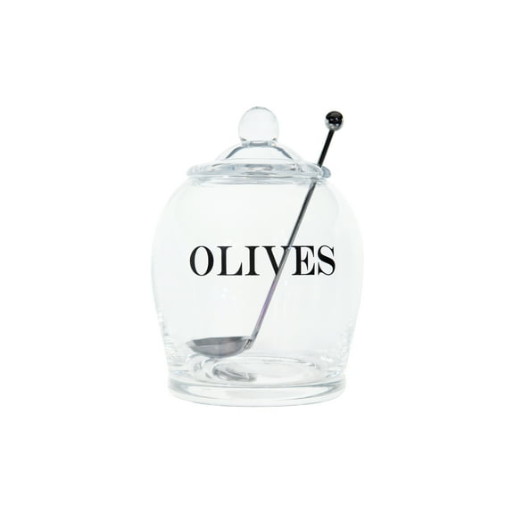 Creative Co-Op Clear Glass "OLIVE" Jar with Lid & Slotted Stainless Steel Spoon (Set of 3 Pieces including Lid)