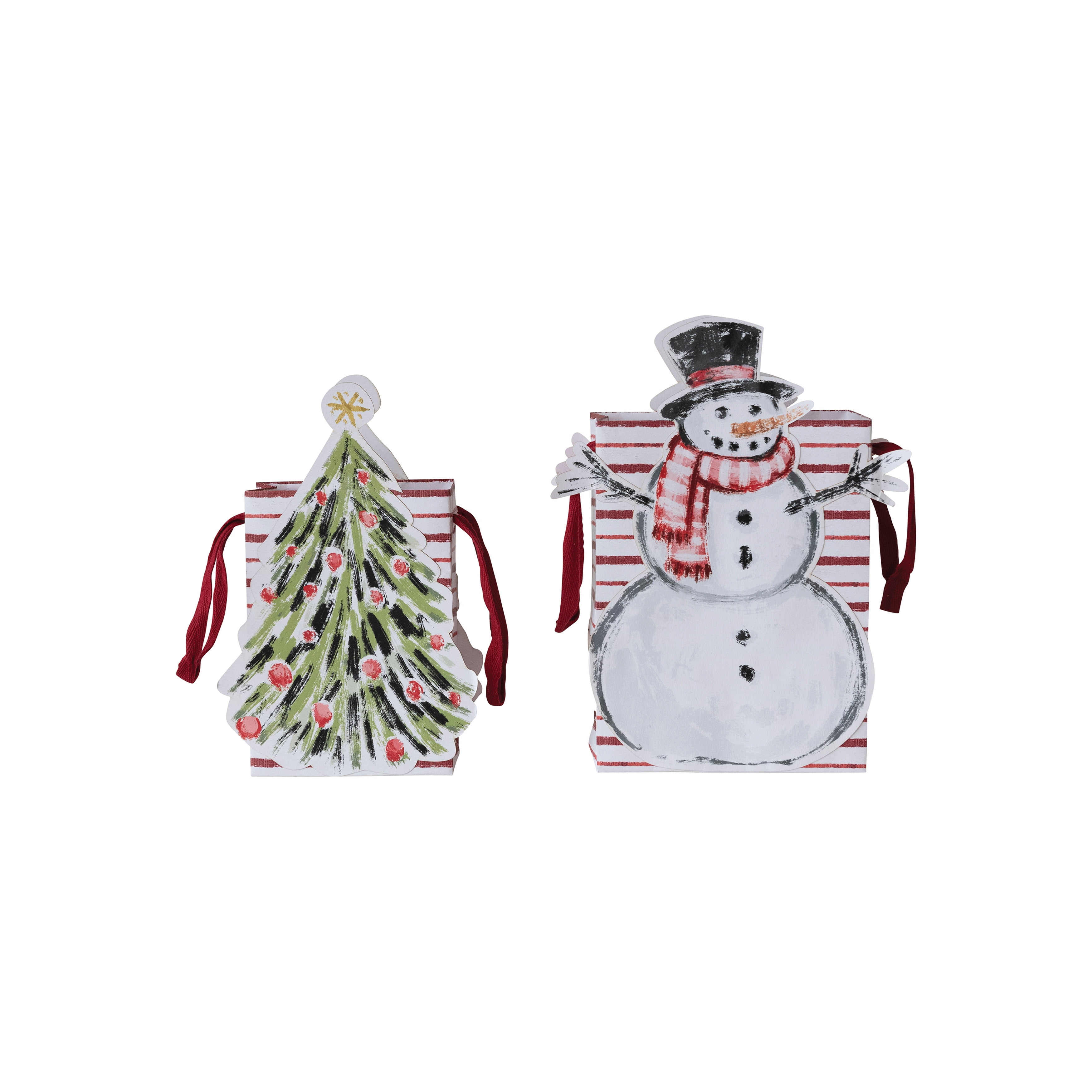 Creative Co-Op Compact Printed Paper Diecut Snowman/Christmas Tree Gift Bags, Multicolor, Set of 2