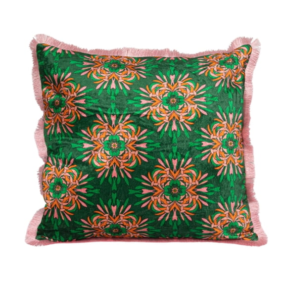 Creative Co-Op Cotton Blend Velvet Printed Pillow with Floral Pattern and Eyelash Fringe, Green, Pink and Orange Color