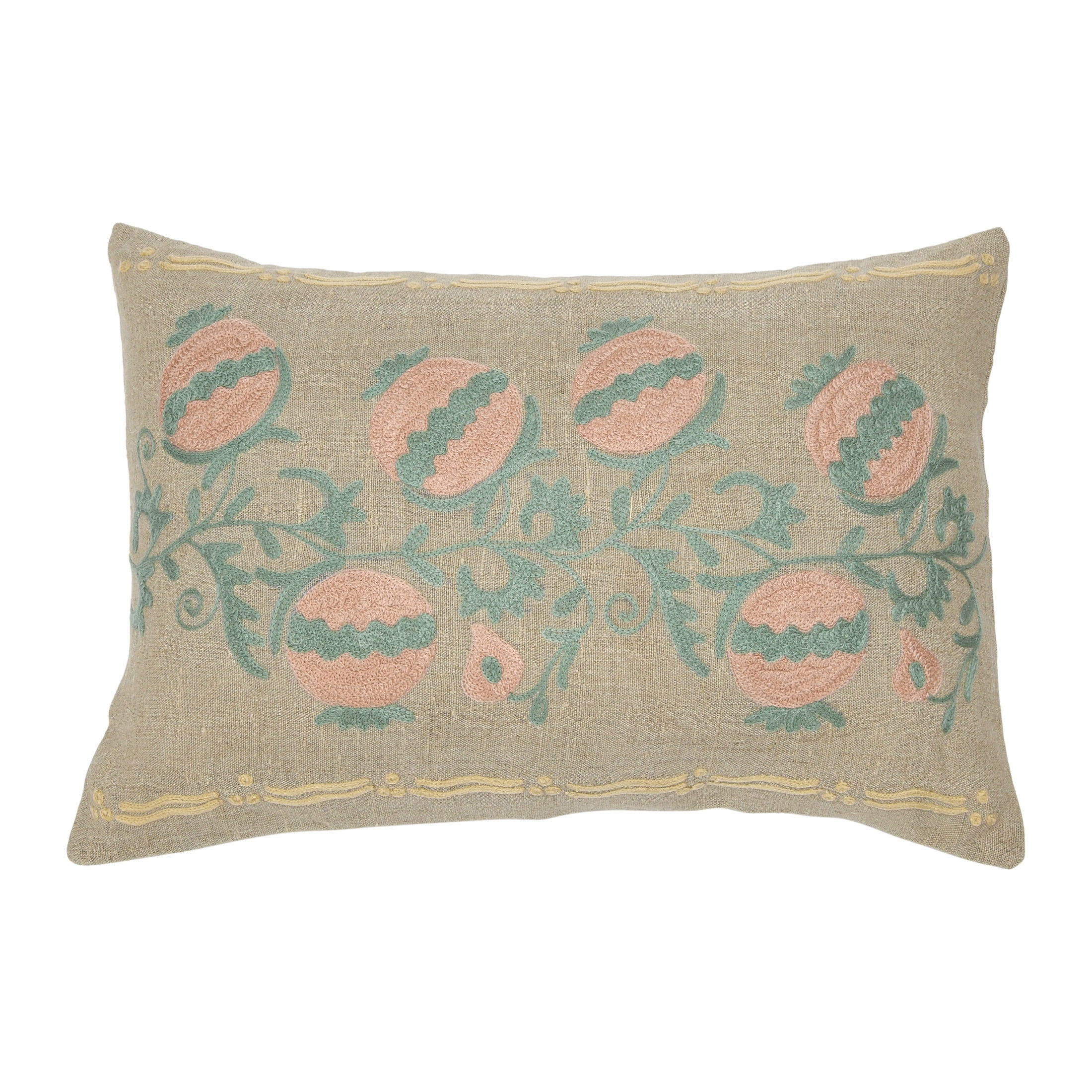 Beige Cotton Chambray Lumbar Pillow with Embroidery