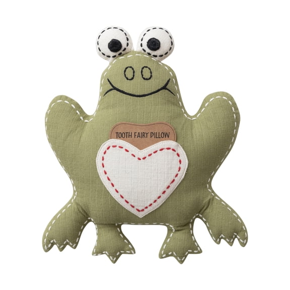 Creative Co-Op Cotton Double Cloth Frog Tooth Fairy Pillow with Hand-Embroidery, Green and Natural