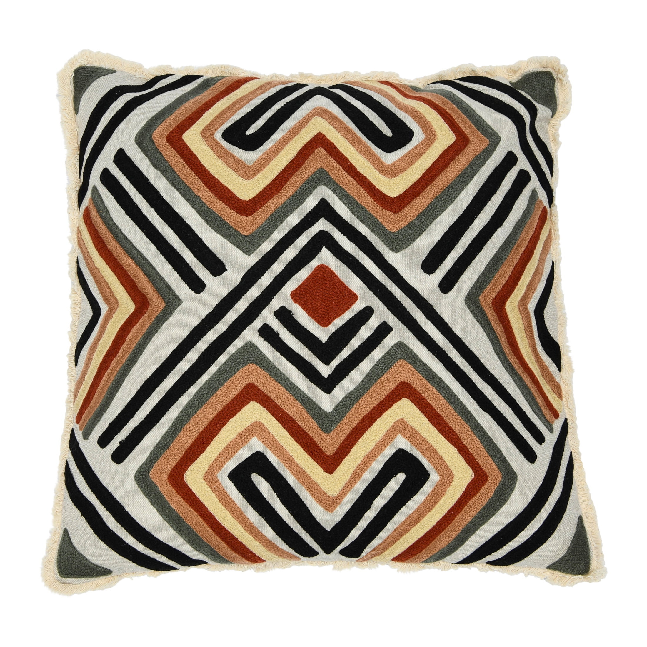 20" Square Beige Cotton Embroidered Pillow with Fringe