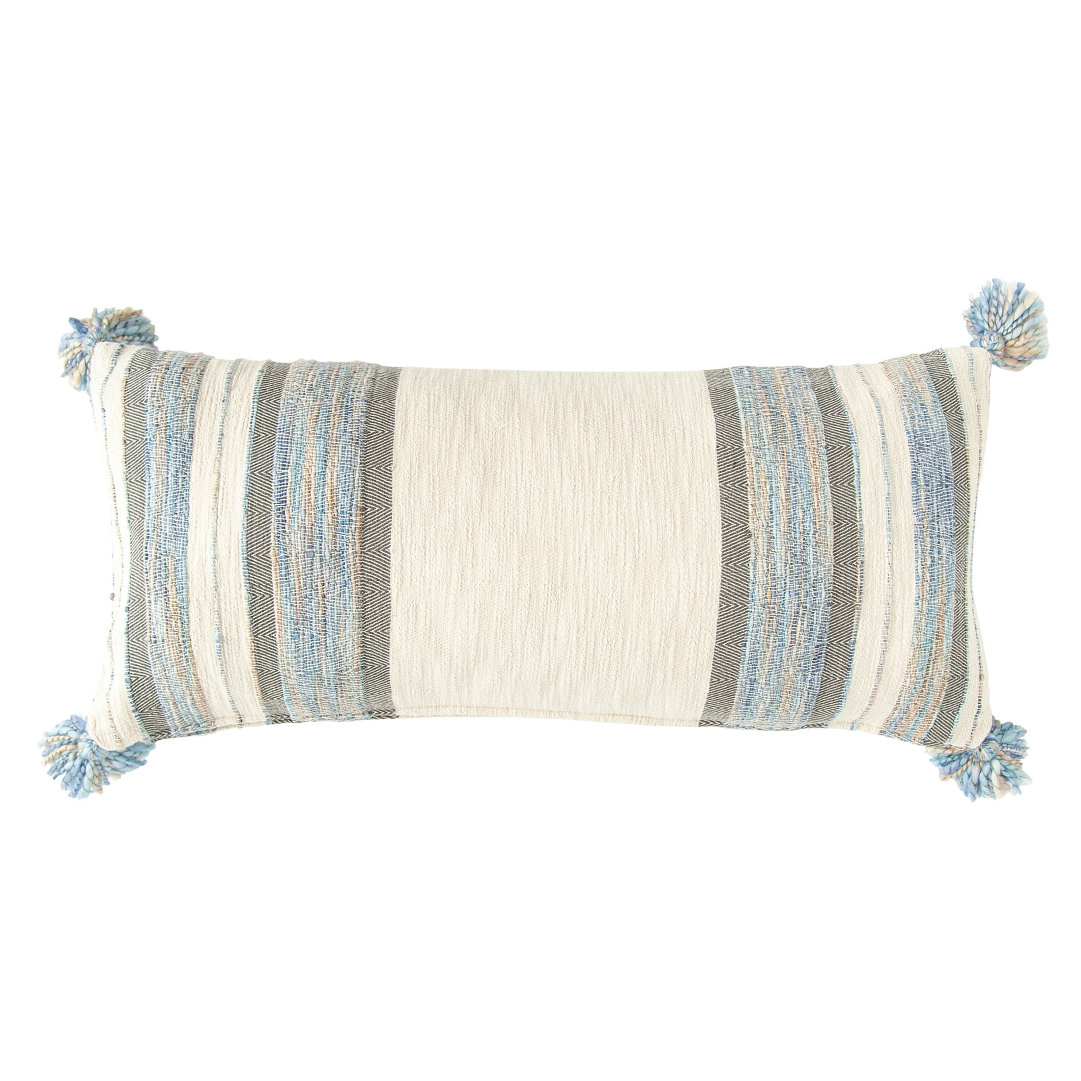 Modern Blue & Grey Striped Cotton Blend Lumbar Pillow with Tassels, 36" x 16"