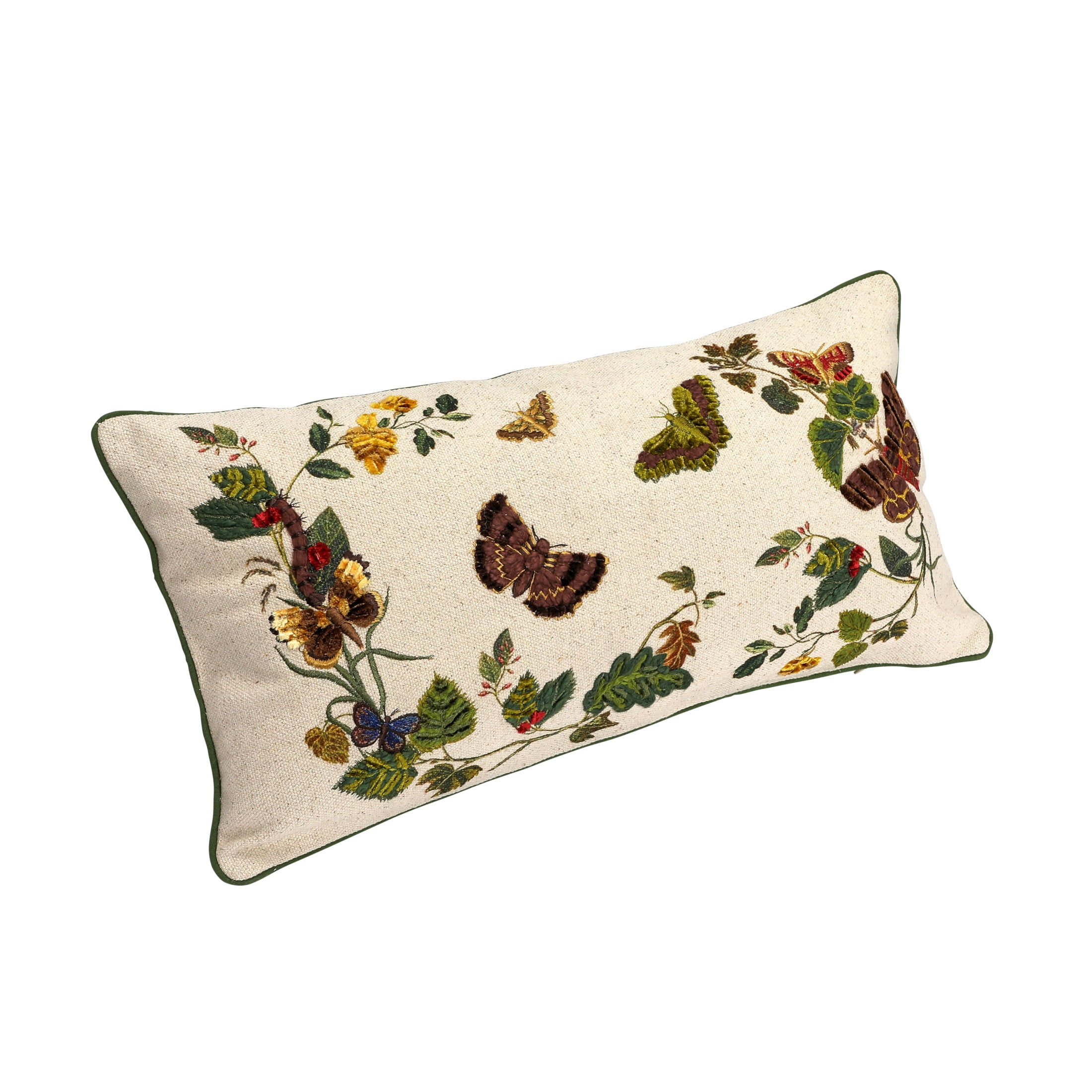 Embroidered Butterfly and Flower Lumbar Pillow with Piping