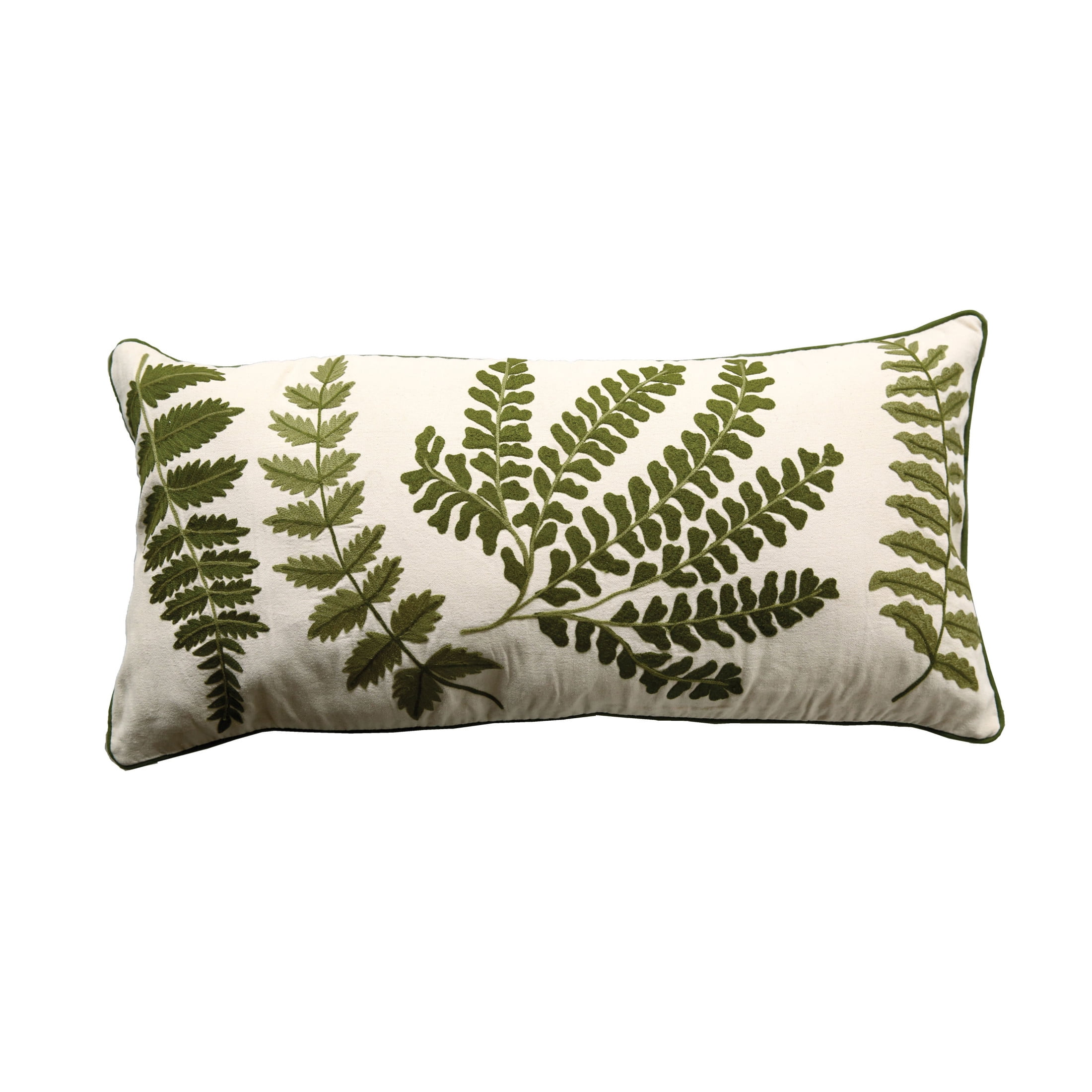 Cream and Green Cotton Fern Embroidered Lumbar Pillow