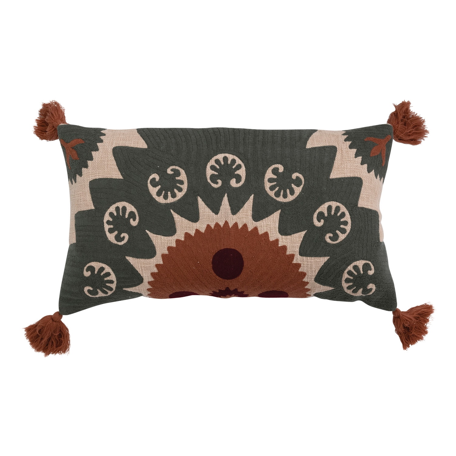 Multicolor Cotton Lumbar Pillow with Suzani Embroidery and Tassels