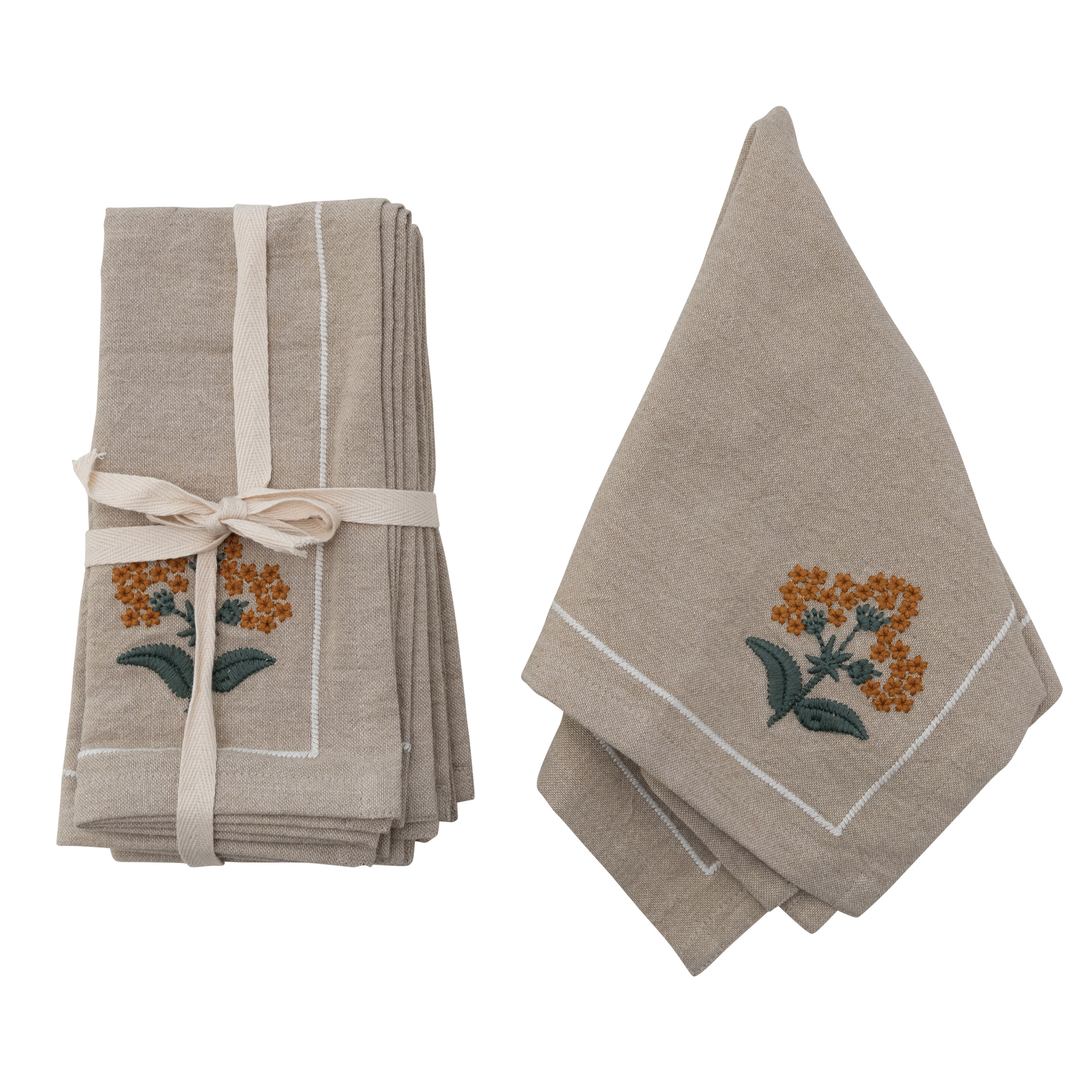 Oatmeal Cotton Napkins with Floral Embroidery, 18"x18"