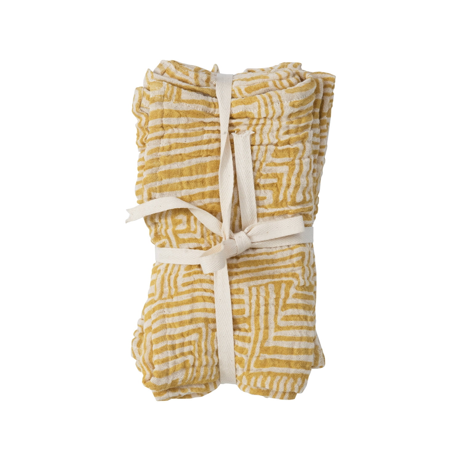 Mustard Yellow Cotton Napkins with Kuba Cloth Pattern, Set of 4