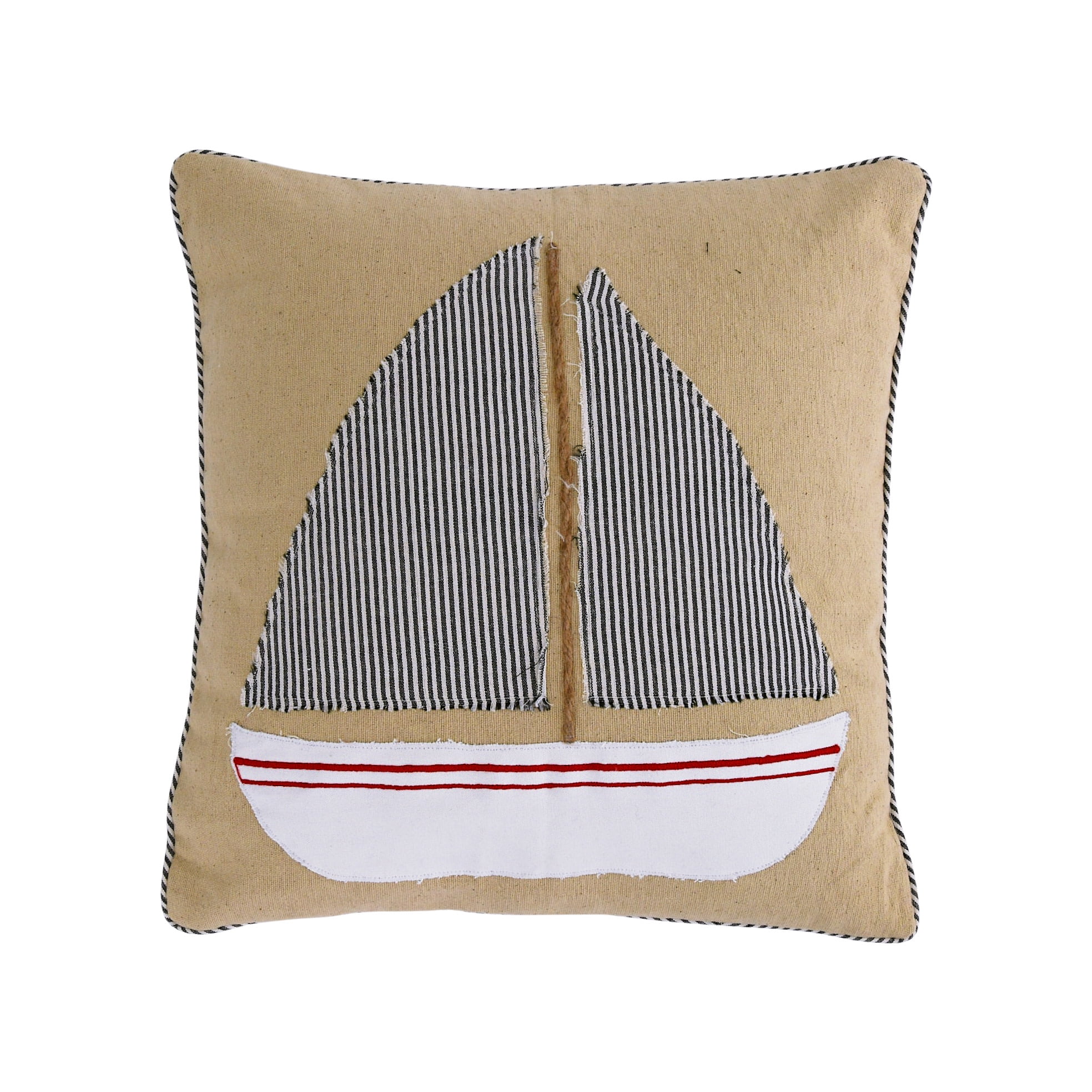 Beige Cotton Pillow with Appliqued Boat and Striped Piping
