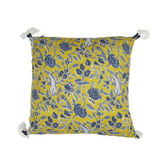Creative Co-Op Cotton Pillow with Floral Pattern and Yarn-Wrapped Tassels