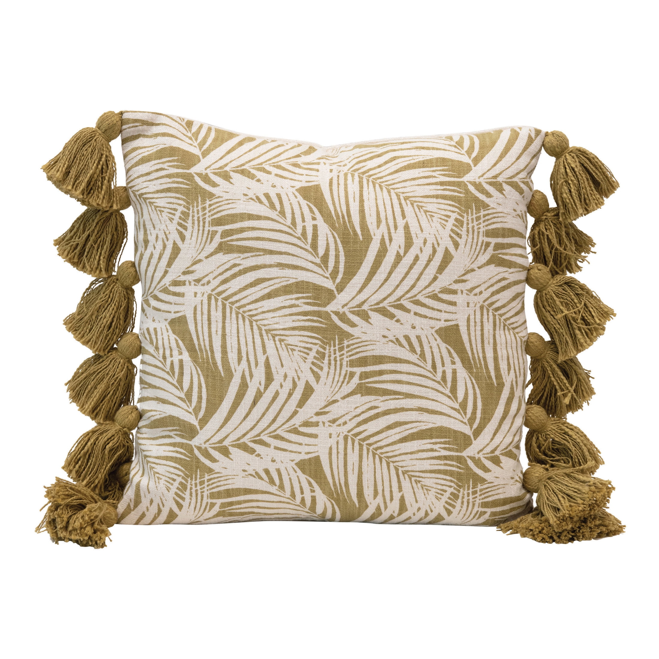 Green and Natural Cotton Pillow with Palm Frond Pattern and Tassels