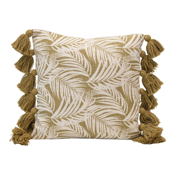 Creative Co-Op Cotton Pillow with Palm Frond Pattern & Tassels, Green & Natural ©