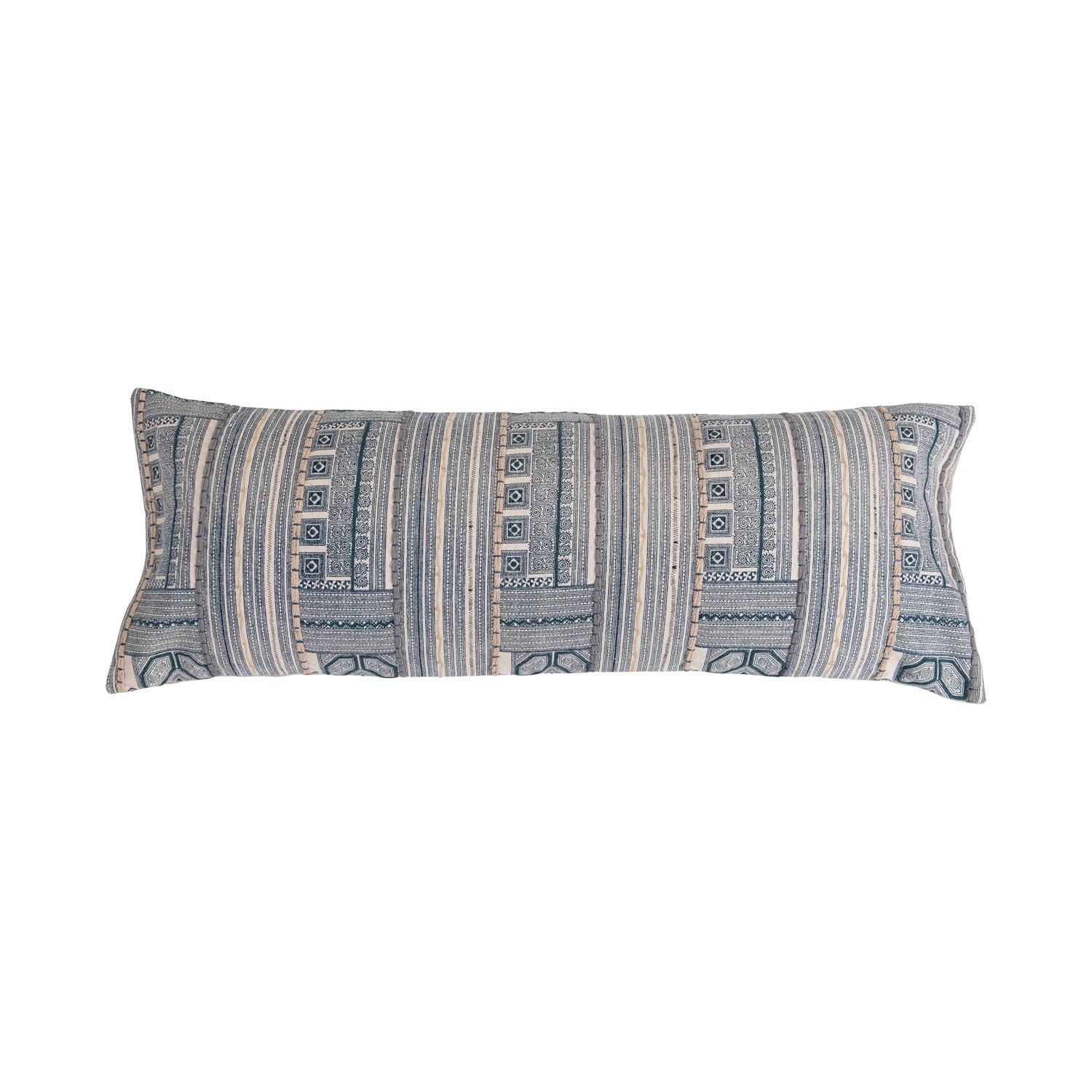 Oversized Blue and Beige Cotton Embroidered Lumbar Pillow