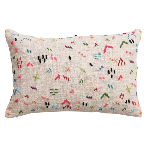 Creative Co-Op Cotton Slub Hand-Embroidered Lumbar Pillow, Multicolor
