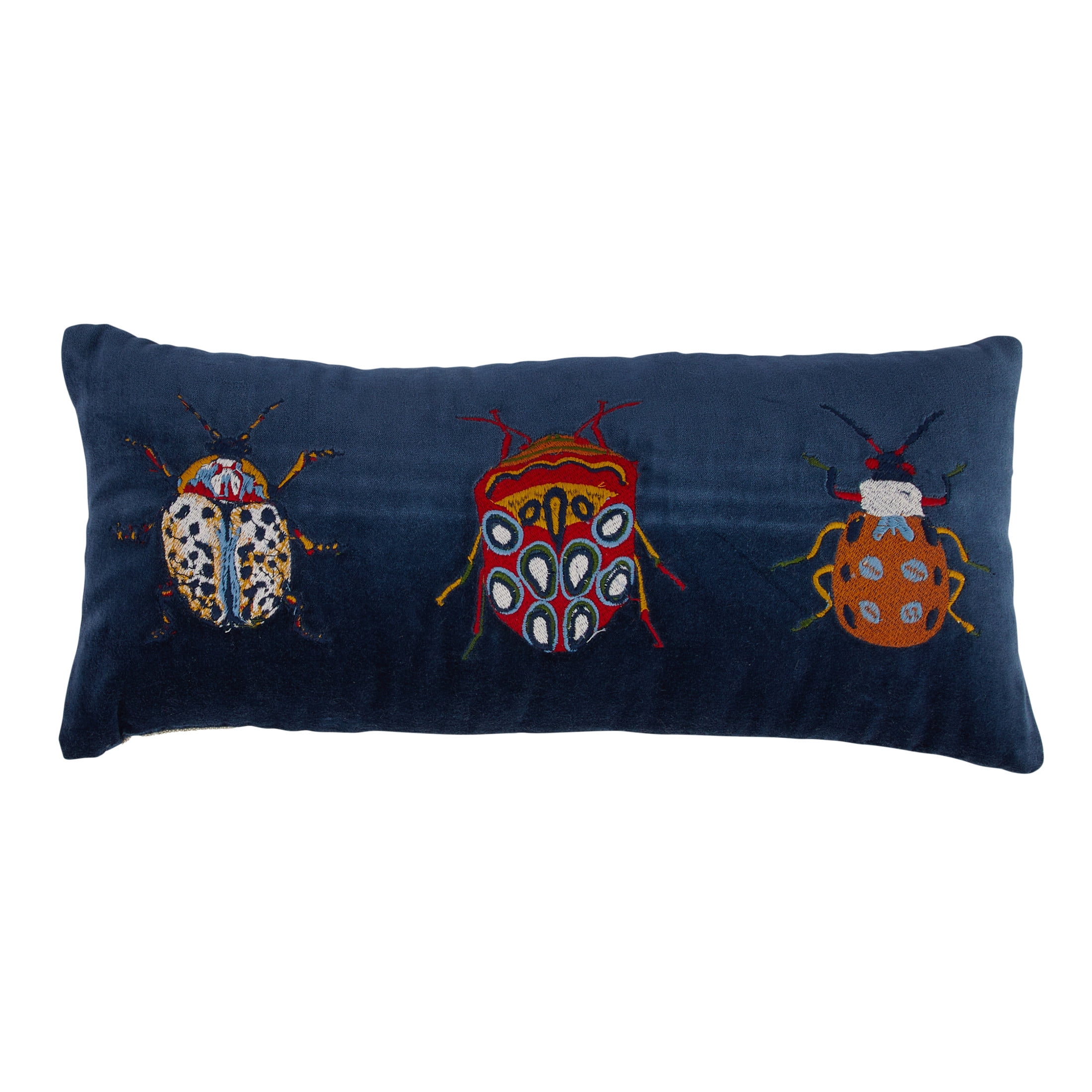 Multicolor Cotton Velvet Embroidered Beetle Lumbar Pillow