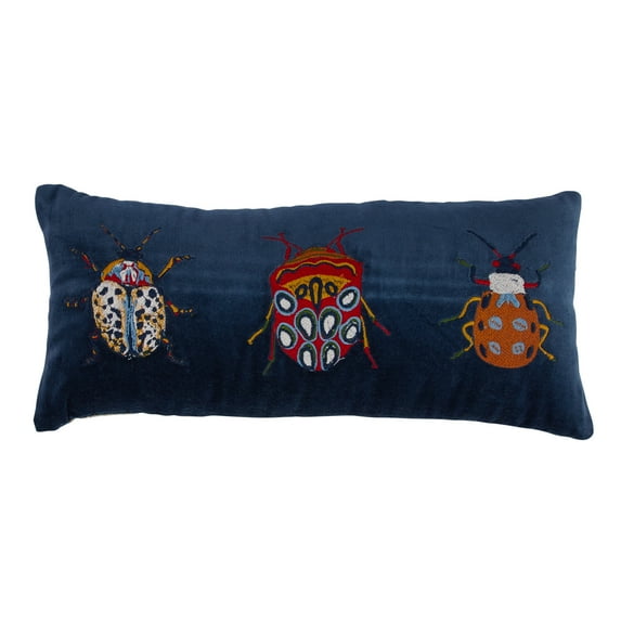 Creative Co-Op Cotton Velvet Embroidered Lumbar Pillow with Beetles and Chambray Back, Multicolor