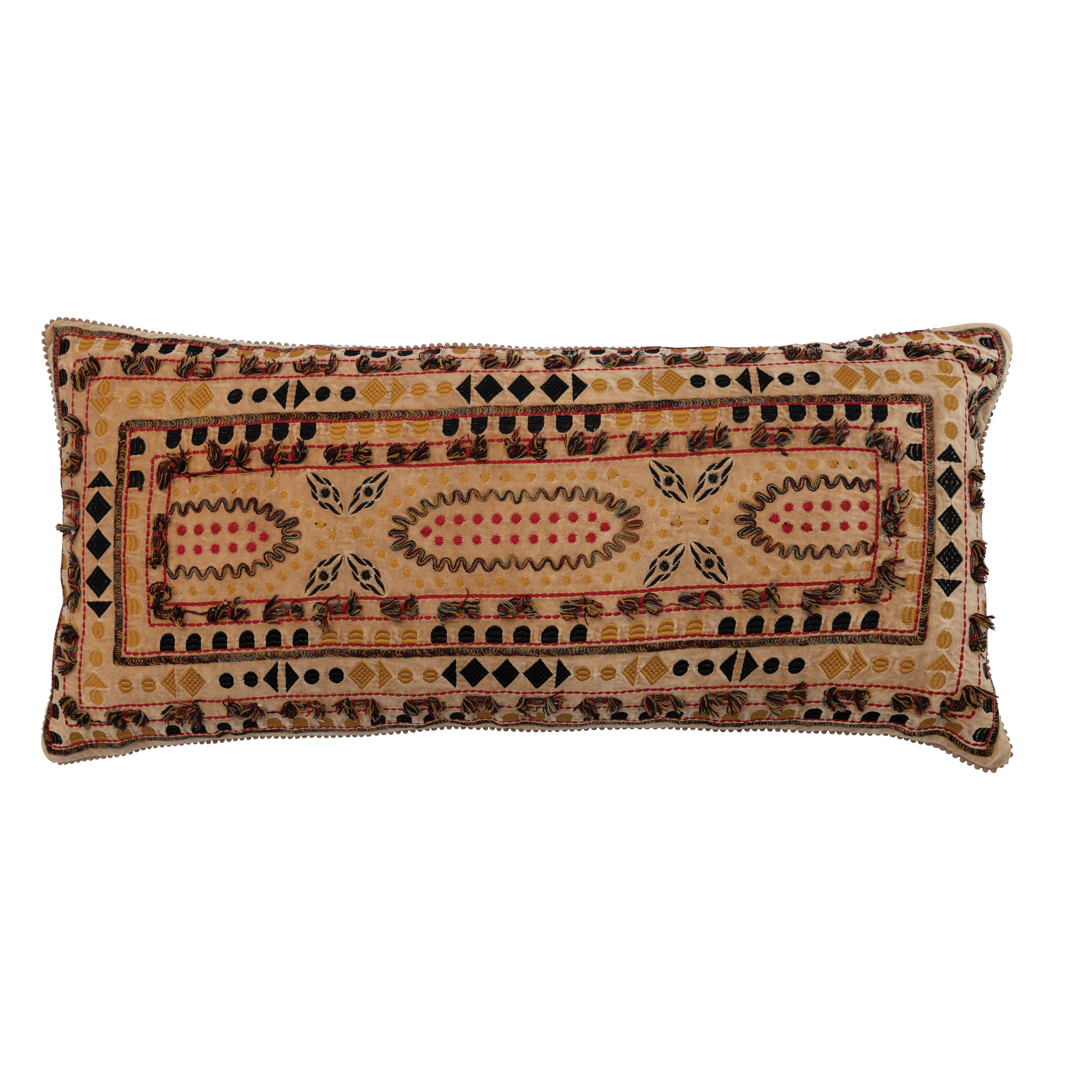 Multicolor Cotton Velvet Embroidered Lumbar Pillow with Chambray Back