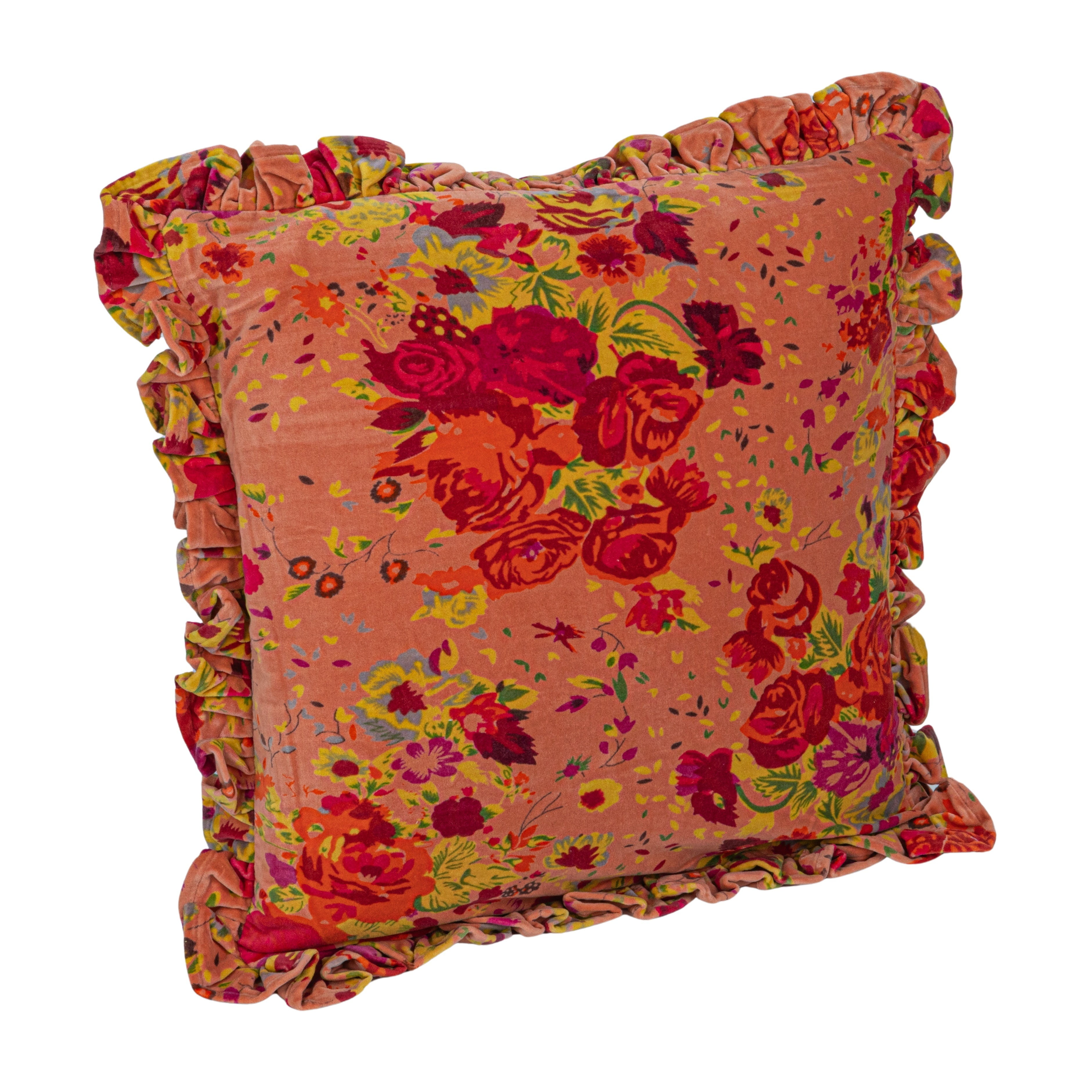 Multicolor Floral Velvet Square Pillow with Ruffle Trim