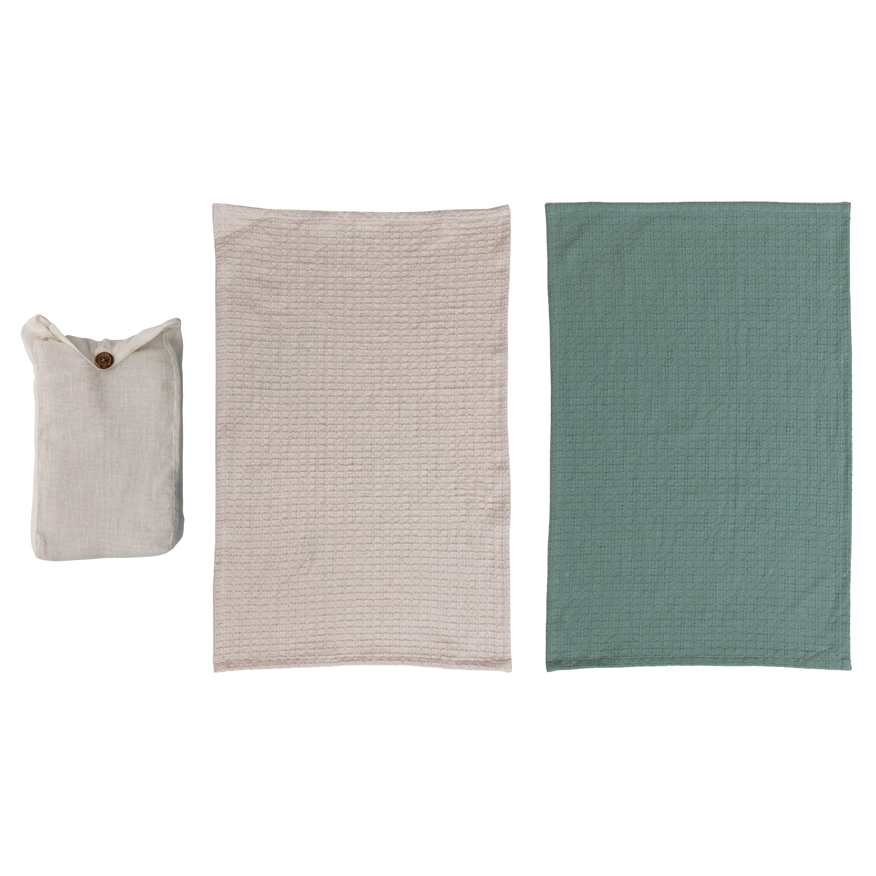 Natural and Blue Cotton Waffle Weave Tea Towels Set