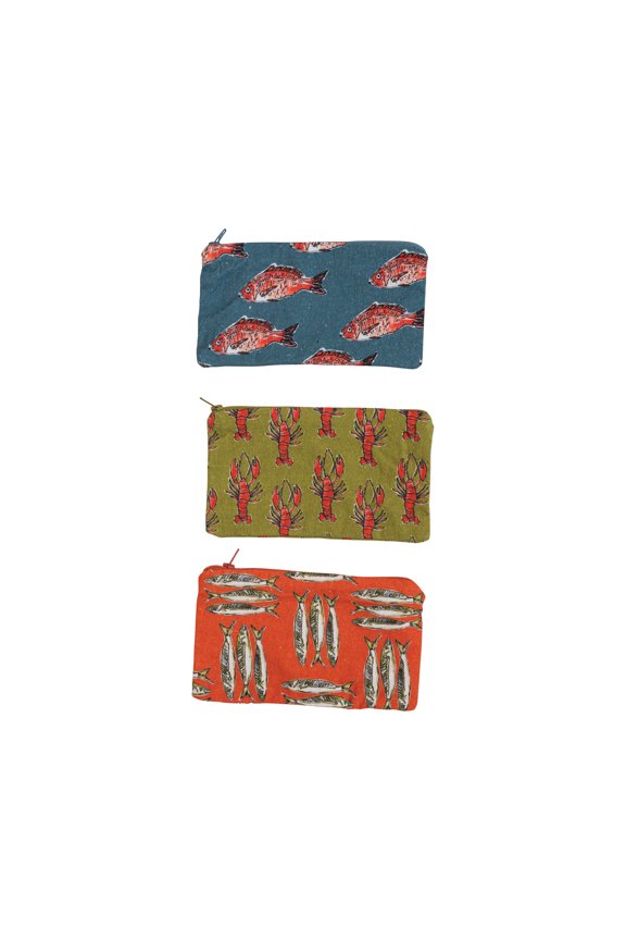 Cotton Zip Food Pouch with Sea Life Illustrations, Set of 3 Styles, Multicolor