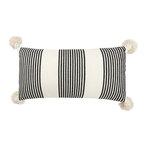 Creative Co-Op Cotton and Chenille Woven Striped Lumbar Pillow with Tassels, Black and Cream