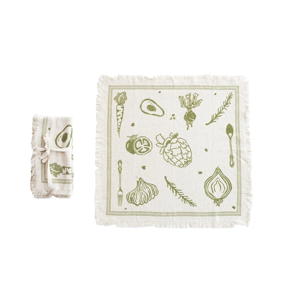 Creative Co-Op Cotton and Linen Napkins with Fringe Design, Green, Set of 4