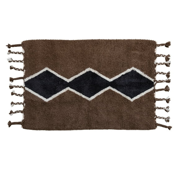 Creative Co-Op Cotton and Wool Blend Rug with Pattern and Braided Tassels, Brown, Black, and Cream