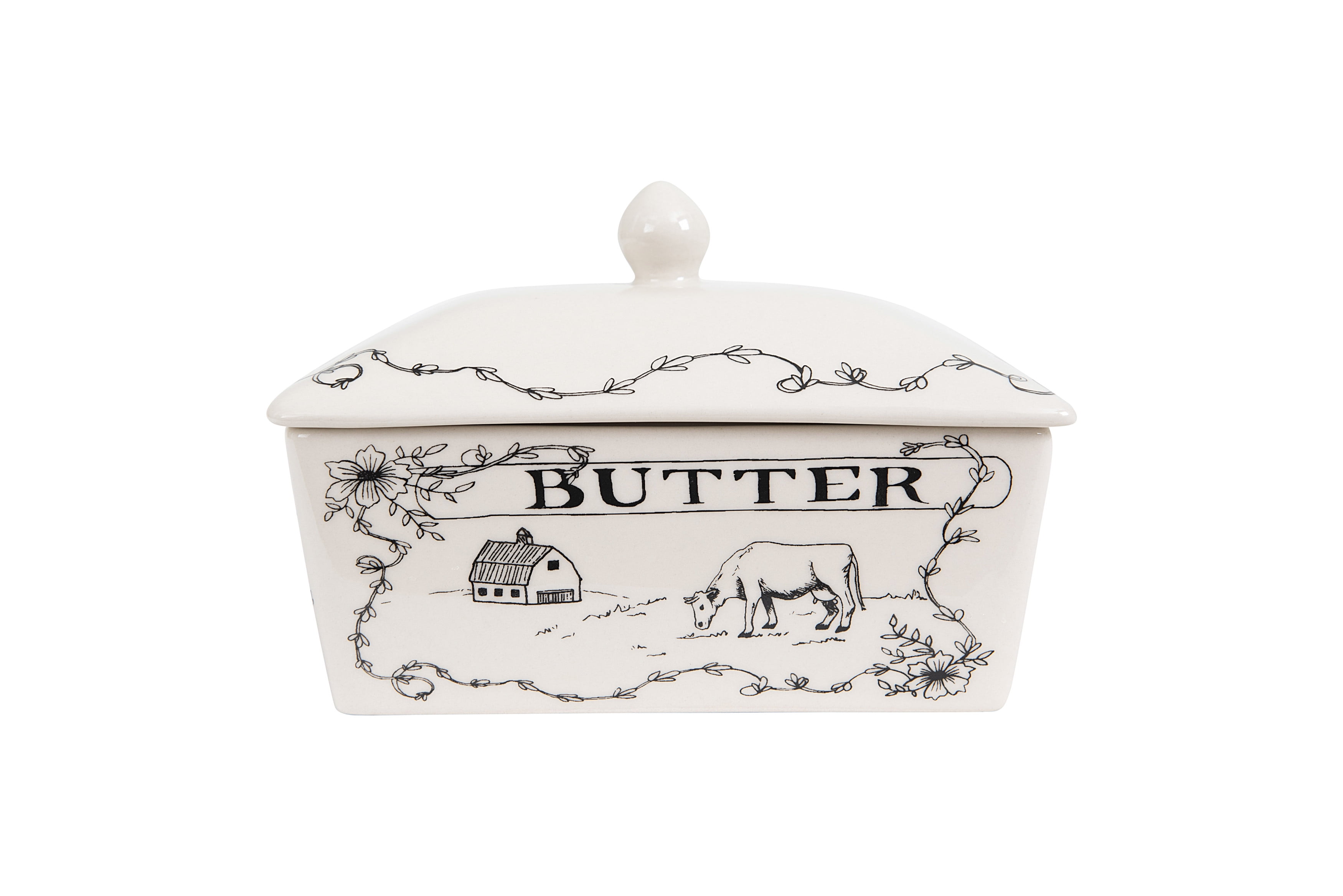 Farmhouse White and Black Stoneware Butter Dish with Lid