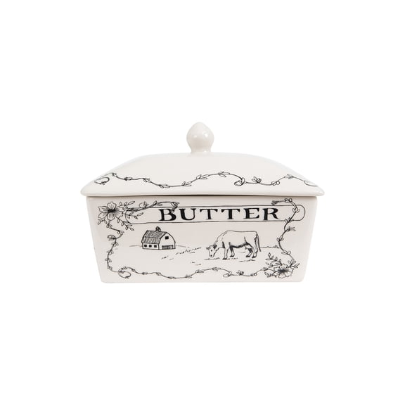 Creative Co-Op Country Style White & Black Stoneware Butter Dish with Lid