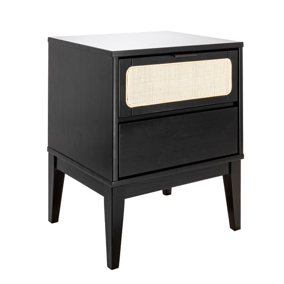 Creative Co-Op Crawford Nightstand with 2 Storage Drawers and Natural Woven Cane Detail, Black Stain Finish