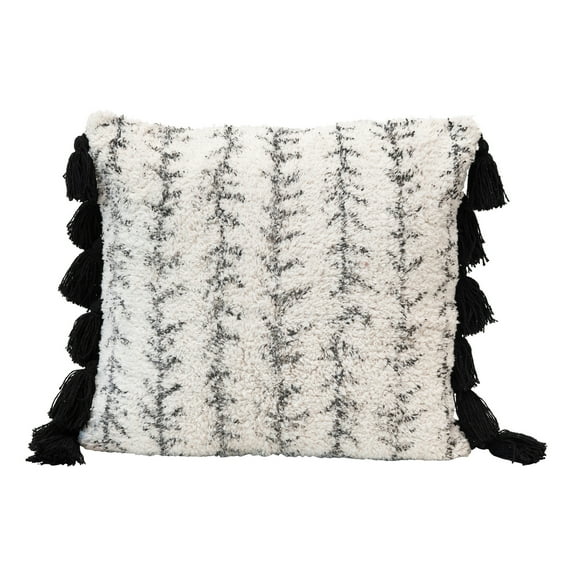 Creative Co-Op Creative Co-Op Cotton Printed Tufted Pillow with Tassels, Black and Cream