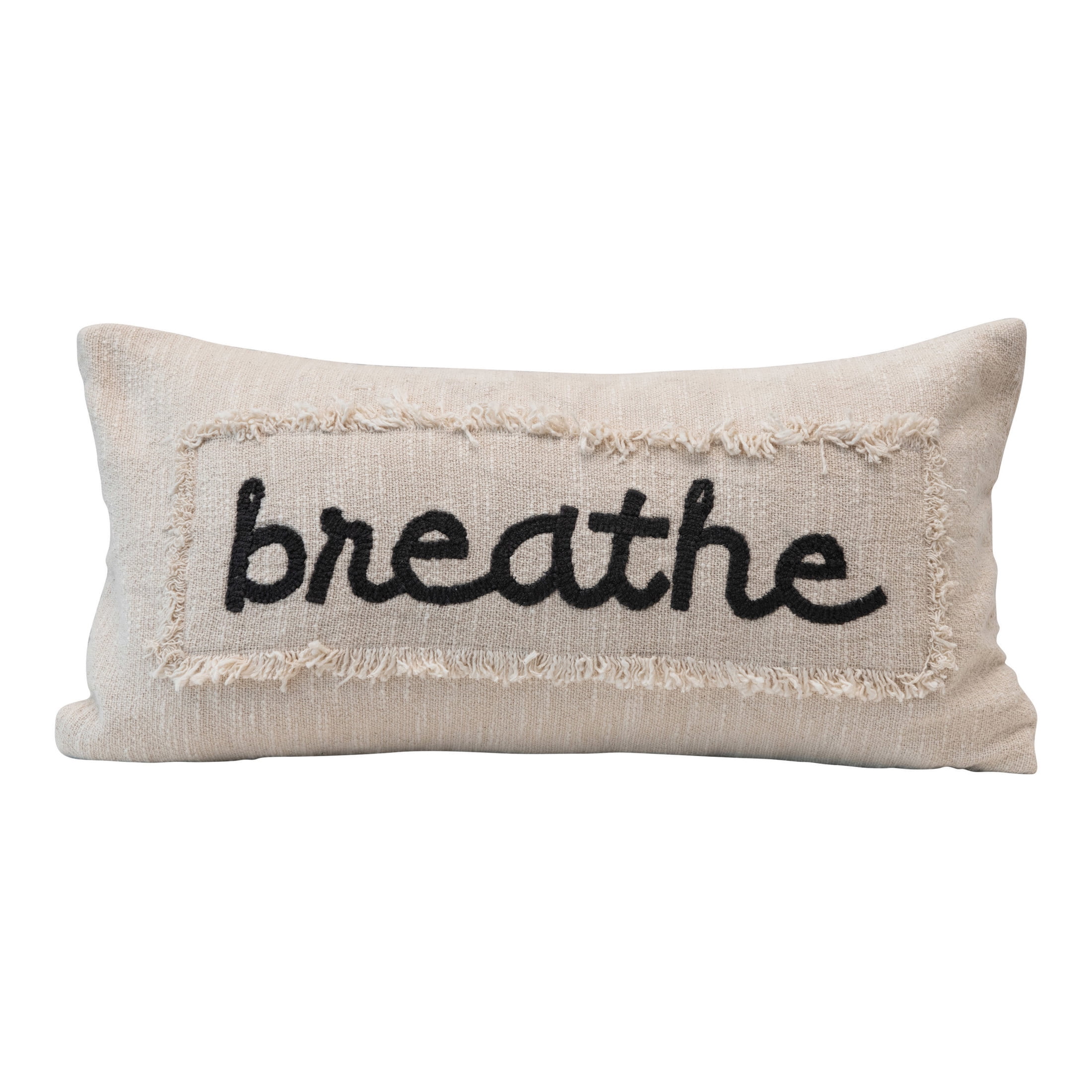 Cream and Charcoal Embroidered Cotton Lumbar Pillow with Eyelash Fringe