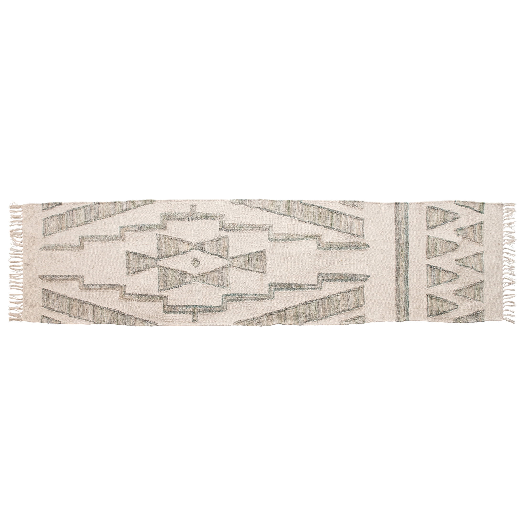 Hand-Woven Green and Cream Wool Cotton Kilim Runner Rug