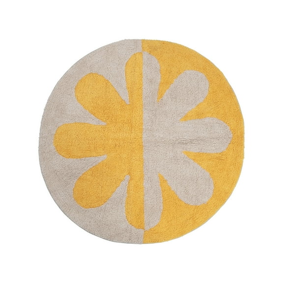 Creative Co-Op Creative Co-Op Tufted Cotton 2-Tone Rug with Flower, Cream and Yellow