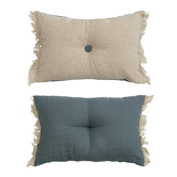 Creative Co-Op Creative Co-Op Two Sided Linen Blend Tufted Lumbar Pillow with Button and Fringe, Natural and Blue
