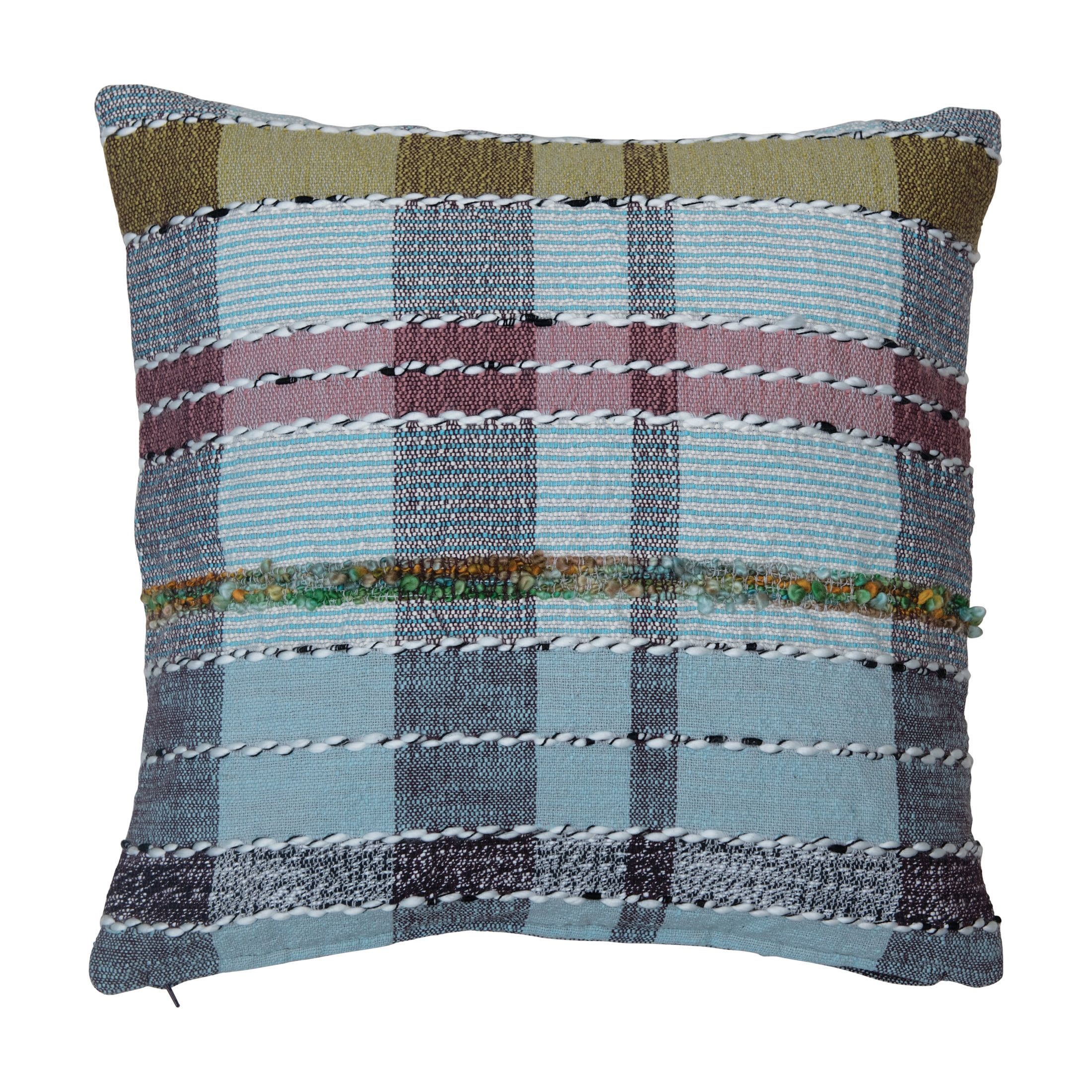 Multicolor Plaid Cotton-Blend Square Cushion with Chambray Back