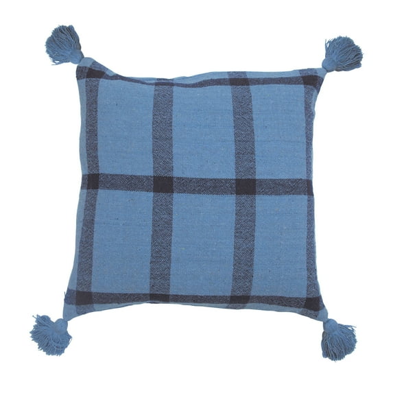 Creative Co-Op Creative Co-Op Woven Recycled Cotton Blend Pillow with Grid Pattern and Tassels, Blue